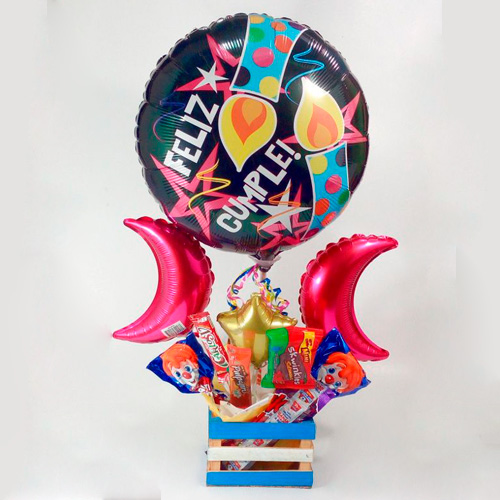 Bouquet 3 globos. (Helio) Feliz Cumpleaños & 1 chocolate Kiss Jumbo.